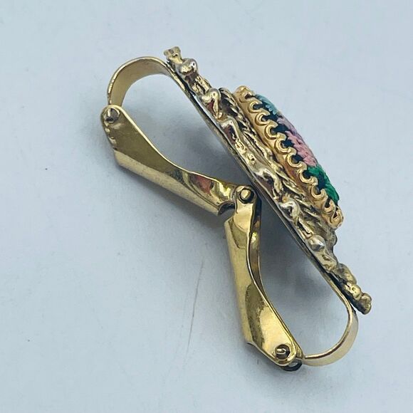 Vintage Gold Tone Floral Needlepoint Tapestry Design Scarf Holder Hinged Clasp - Picture 5 of 8